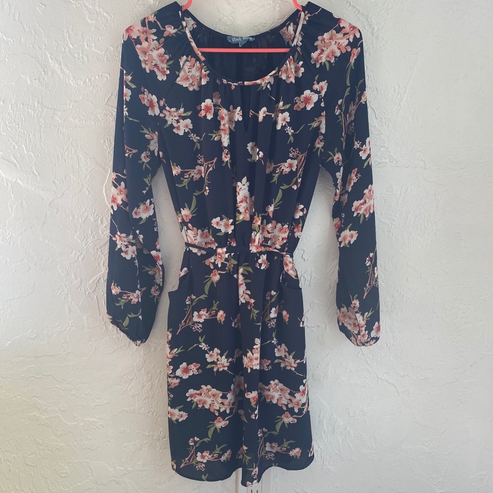 Navy Floral Dress with Pockets